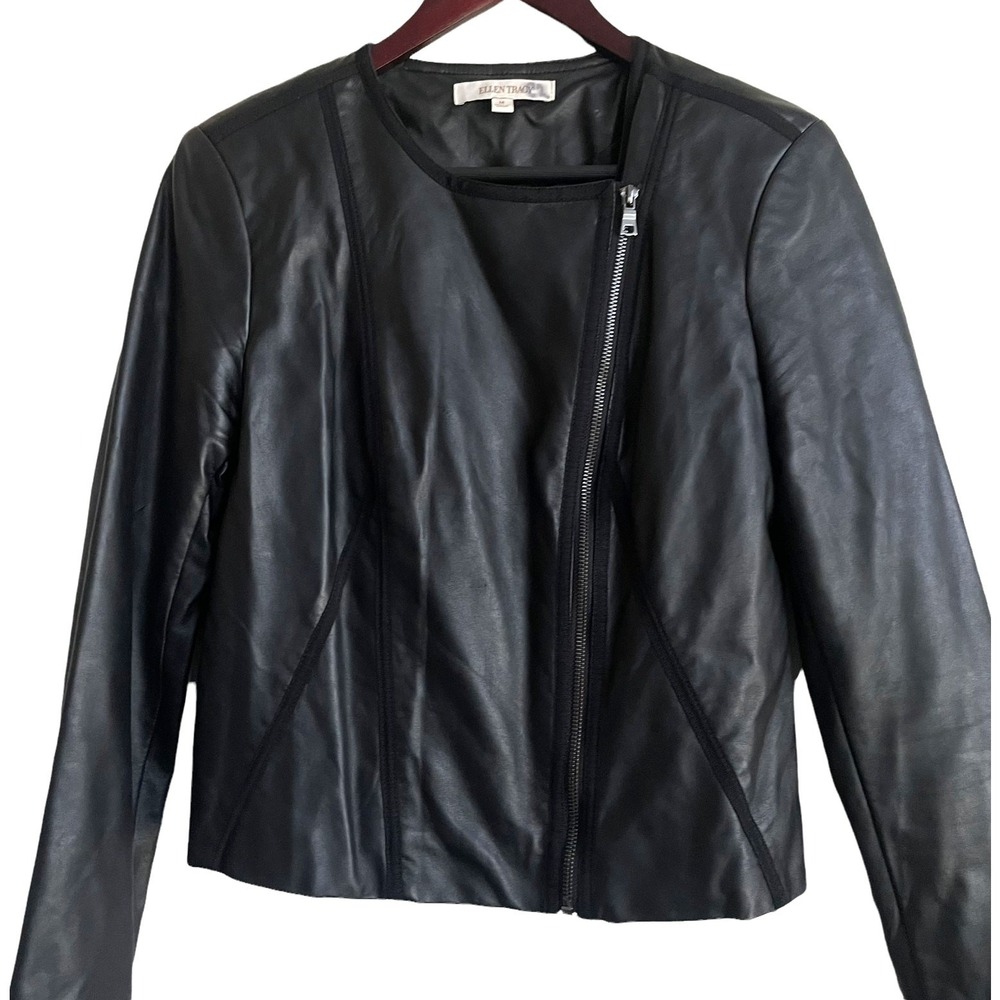 Ellen Tracy Women Faux Leather Moto Biker Jacket M Black Zip Front Classic Style